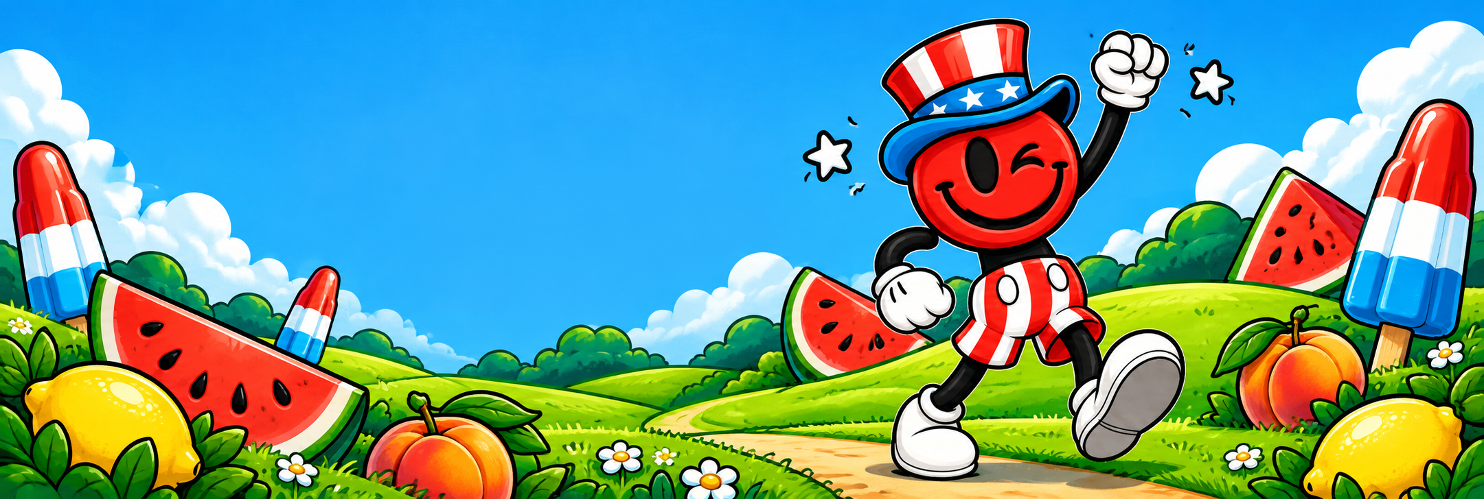 The Fresh mascot in an illustrated world of fruit, ice pops, and green hills